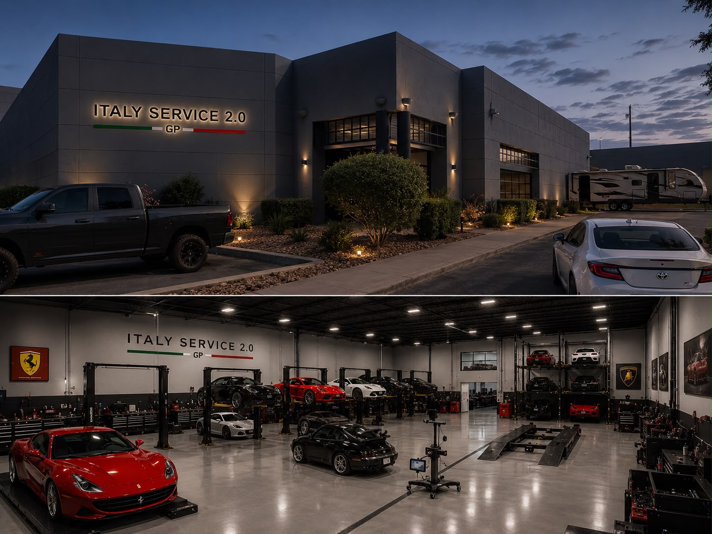 Italy Service exterior and shop floor at dusk