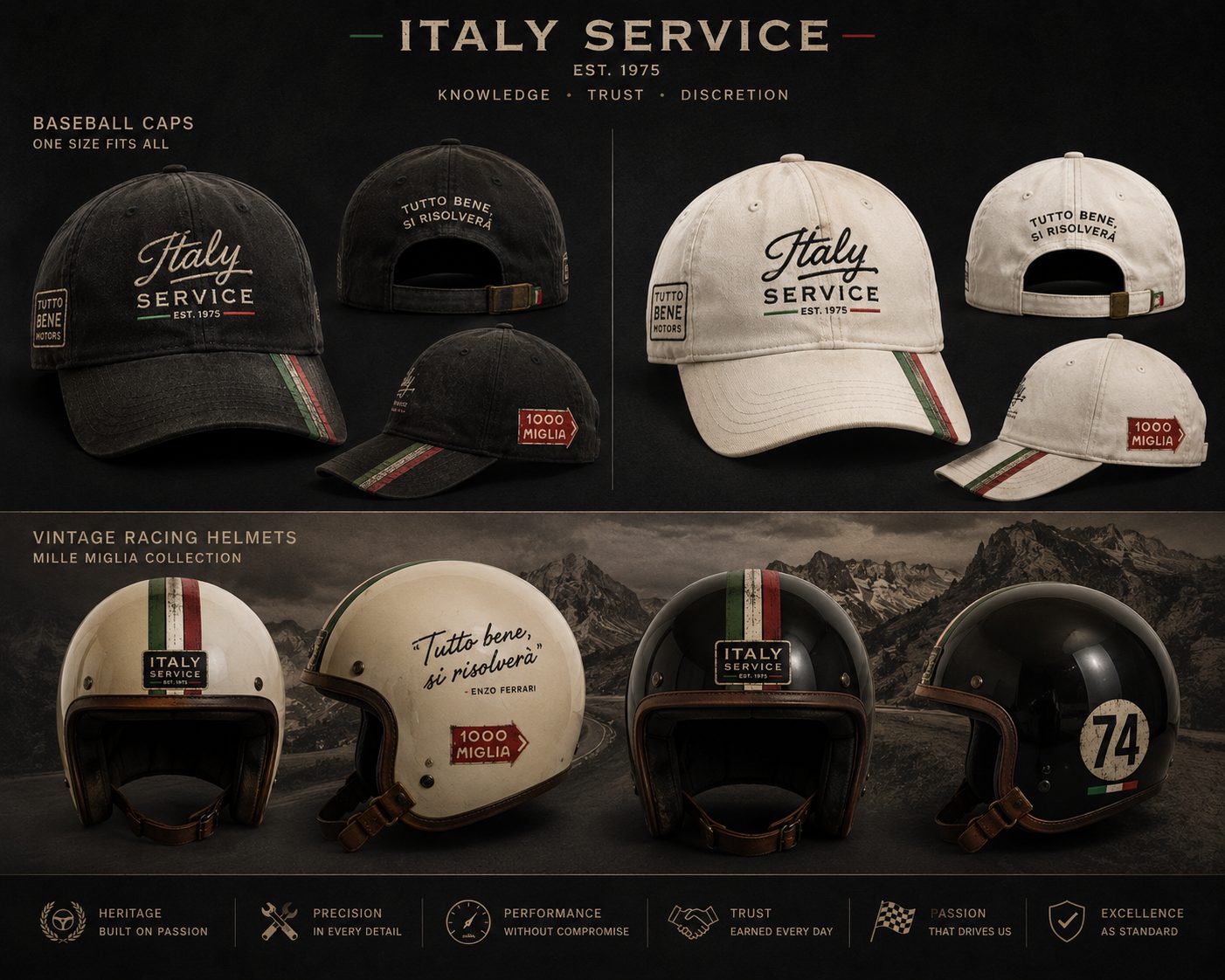 Italy Service vintage racing helmets, caps and driving gloves